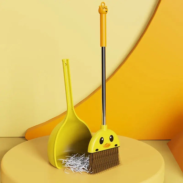 Yellow Duck Broom And Dustpan Set, Cartoon Toddler Broom Set, Plastic Standing for Little Housekeeping Helper, Cute Mini Broom with Dustpan, Kids Mini Sweeping Broom Set, Kids Play House Cleaning Toy, Multifunctional Broom And Shovel