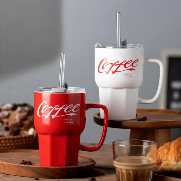 Bold Coffee Mug With Glass Straw, Office Water Thermal Mug, Ceramic Coffee Cup With Straw, Milk Tea Coffee Mug,Coffee Mug With Straw And Lid