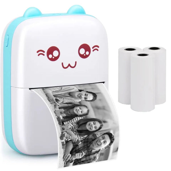 Meow Pocket Printer printing a black-and-white family photo on thermal paper, showcasing its high-quality, inkless printing technology.