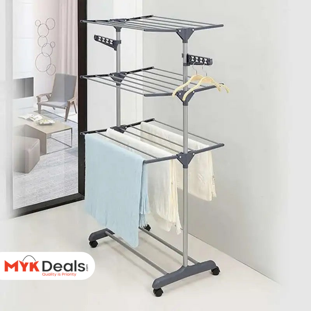 3 Layer Foldable Wing Drying Rack, Double Pole Movable Clothes Rack, Floor Mobile Folding Clothes Rack, Simple Home Cloth Drying Holder, Telescopic Household Laundry Rack, Stacked Wing Drying Rack