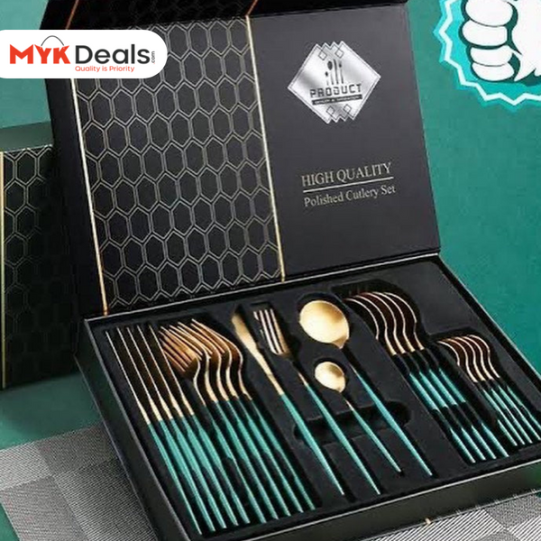 24 PCs Premium Steel Cutlery Set-Green over Golden