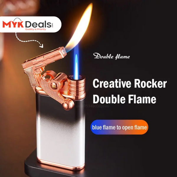 Rocker Arm Dual Flame Lighter, Creative Gun Shape Lighter, Metal Inflatable Double Fire Lighter,Windproof Jet Turbo Lighter, Metal Double Flame Lighter, Open Fire Conversion Lighter, Creative Double Fire Flame Lighter, Butane Cigarette Lighter