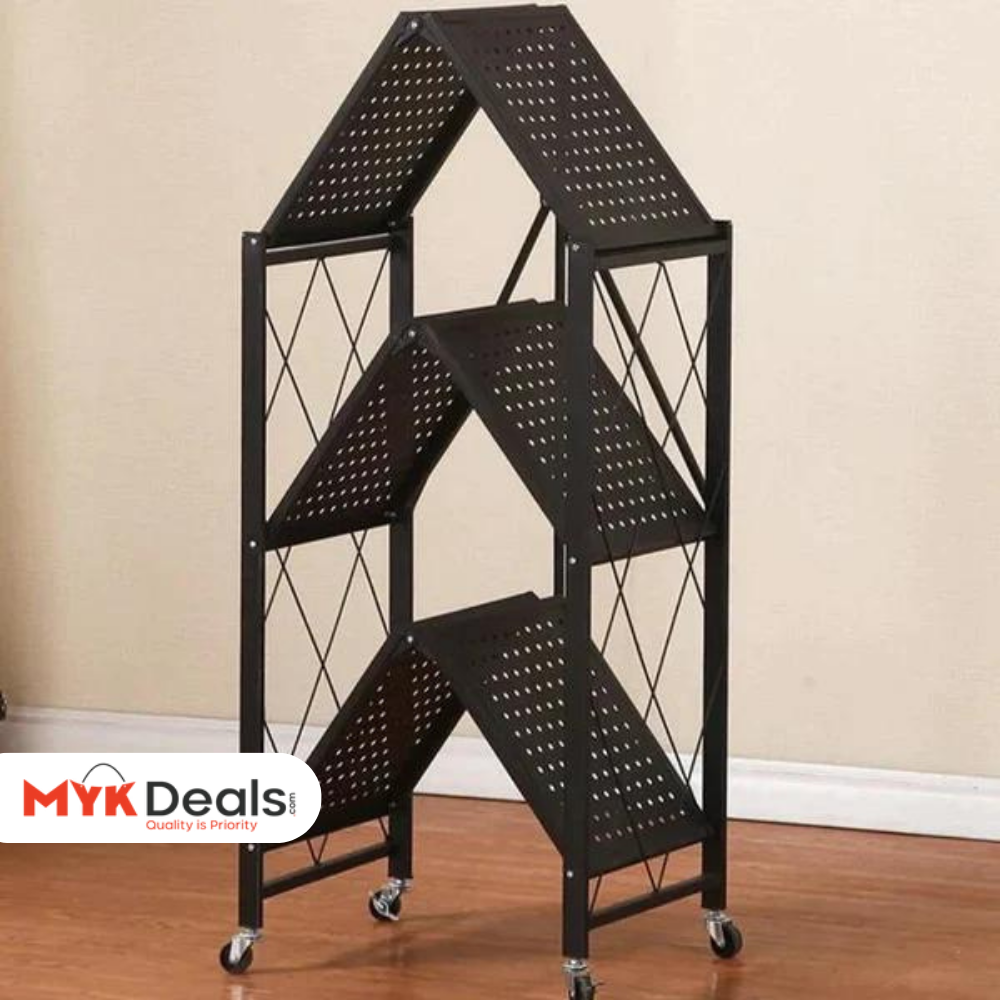 3 Layer Foldable Mobile Wheels Storage Cart, Large Iron Multifunctional Living Room Rack, Multilayer Bookshelf Display Kitchen Storage Rack, Metal Shelving Units Storage Racks with Lockable Wheels, Kitchen Home Space Saving Organizer