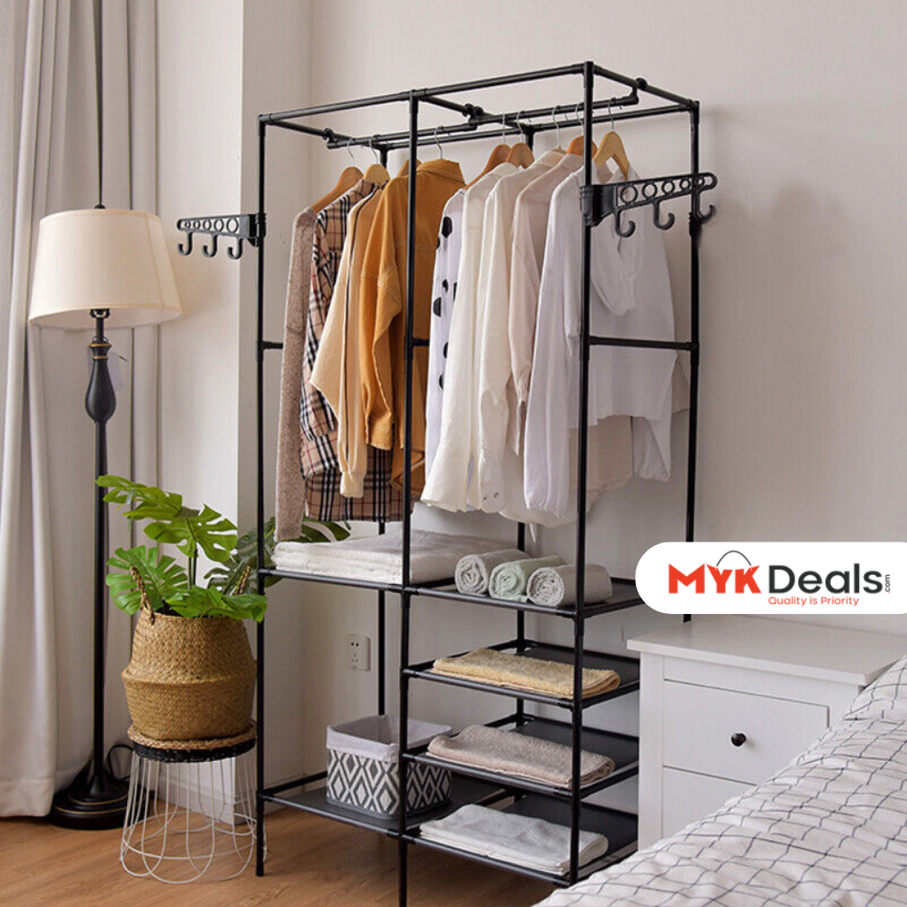 Multifunctional Clothes Hanger Stand, Simple Fashion Clothes Wardrobe, Double Row Clothes Rack, Floor Garment Storage Wardrobe, Metal Black Floor Standing Coat Rack, Hallway Furniture Assembly Hanger Shelf