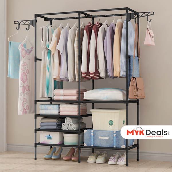 Multifunctional Clothes Hanger Stand, Simple Fashion Clothes Wardrobe, Double Row Clothes Rack, Floor Garment Storage Wardrobe, Metal Black Floor Standing Coat Rack, Hallway Furniture Assembly Hanger Shelf