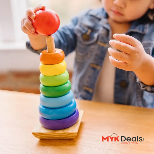 Wooden Rainbow Stacker, Educational Toy Kids Tower, Wooden Kids Rainbow Tower, Stack Up Blocks Color Shape Game, Colored Wood Ring Post, Montessori Wooden Toys For Babies And Toddlers