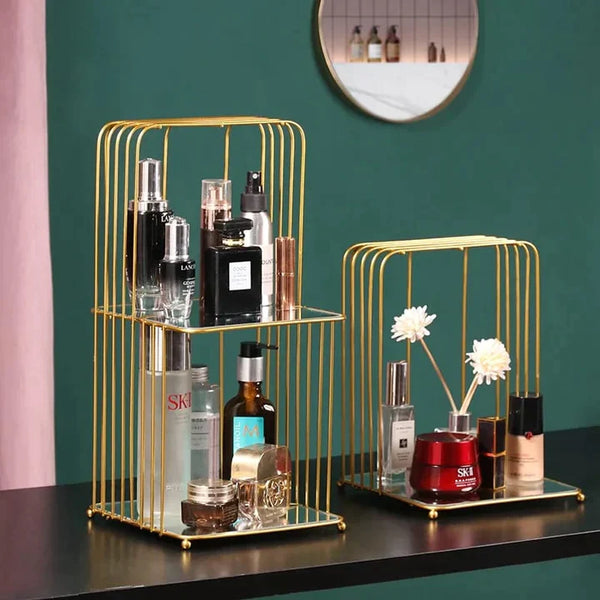 NEW STYLE BIRDCAGE MAKEUP ORGANIZER METAL BRASS COSMETIC ORGANIZER WITH MIRROR SHELVES SQUARE SHAPE