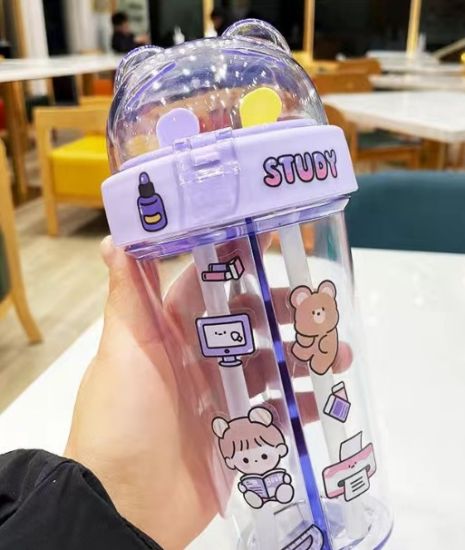 Cute Children Double Drinking Water Bottle Straw Portable Bottle Student Couple Plastic Cup Gift School Kids
