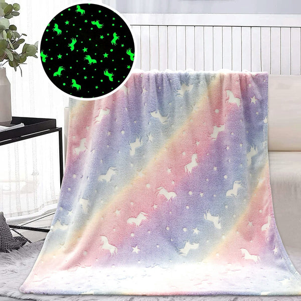 Luminous Unicorn Throw Blanket for Girls Plush Flannel Blanket