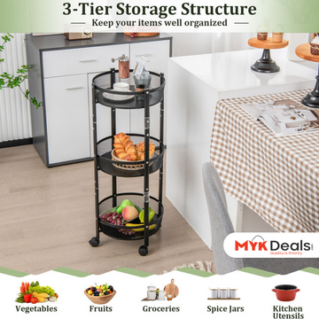 A black 3-layer folding storage cart with various items organized on its shelves, placed in a home setting, with a label stating 'Haul Junction' and a list of items like vegetables, fruits, groceries, spice jars, and kitchen tools.