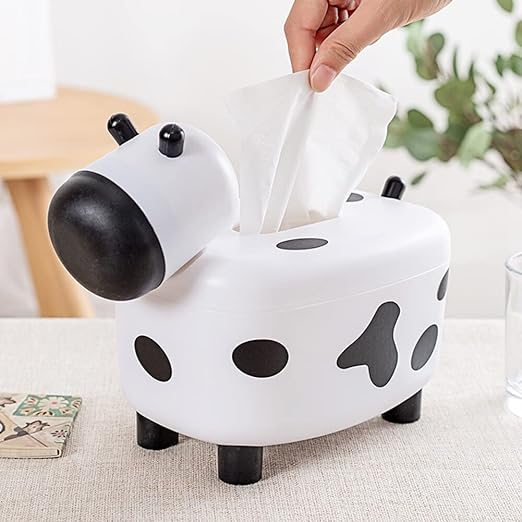 Happy Cow Tissue Box With Holder, Plastic Toothpicks Tissue Dispenser, Cartoon Cow Decorative Plastic Tissue Box, 2 in 1 Multifunctional Toothpick Holder Tissue Box, Facial Paper Dispenser Organizer for Bathroom Home