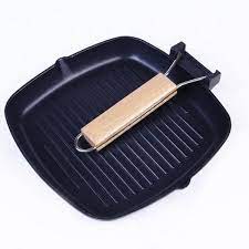 28cm Non-Stick Cast Iron Steak Frying Pan Folding Wooden Handle Fry Pan