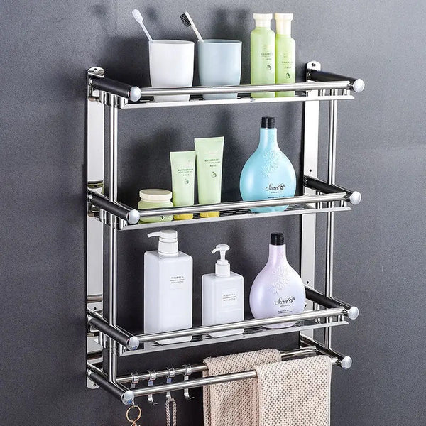 Stainless Steel Silver Towel Rack, 3 Tier Wall Mounted Steel Rack Wall Mounted Towel Rack, Movable Stainless Steel Polished Bathroom Storage Organizer, Shampoo Holder Basket, Double Layer Bathroom Toilet Towel Rack, Wall Hanging Shelf For Kitchen Bathroom