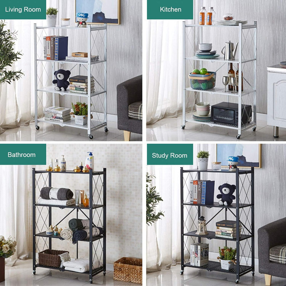 Multiple One Wheel Storage 3 Layer Foldable Mobile Wheels Storage Cart, Large Iron Multifunctiona